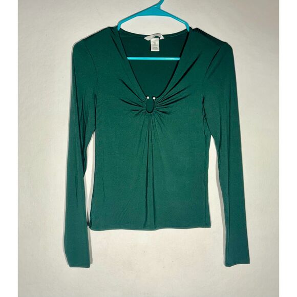 H&M Green Long Sleeve V-Neck Ruched Front Ring Detail Top Women’s Size S - Picture 1 of 4